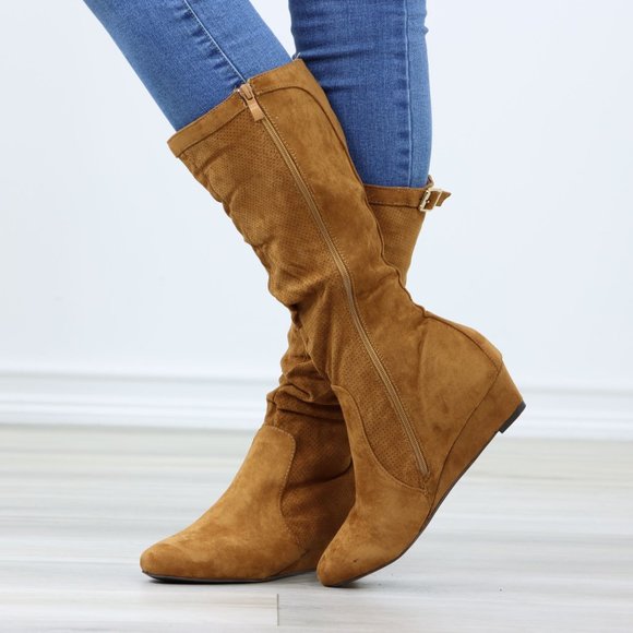 Tan Faux Suede Round Toe Low Kitten Wedge Heel Mid Calf Boots - Picture 8 of 12